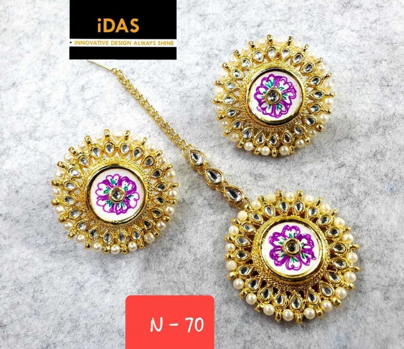 Bollywood Wedding Gold Plated Pearls Designer Kundan Earrings-Maang Tikka Jewelry Set For Women jewelry Vihan INDIAN KUNDAN EARRINGS