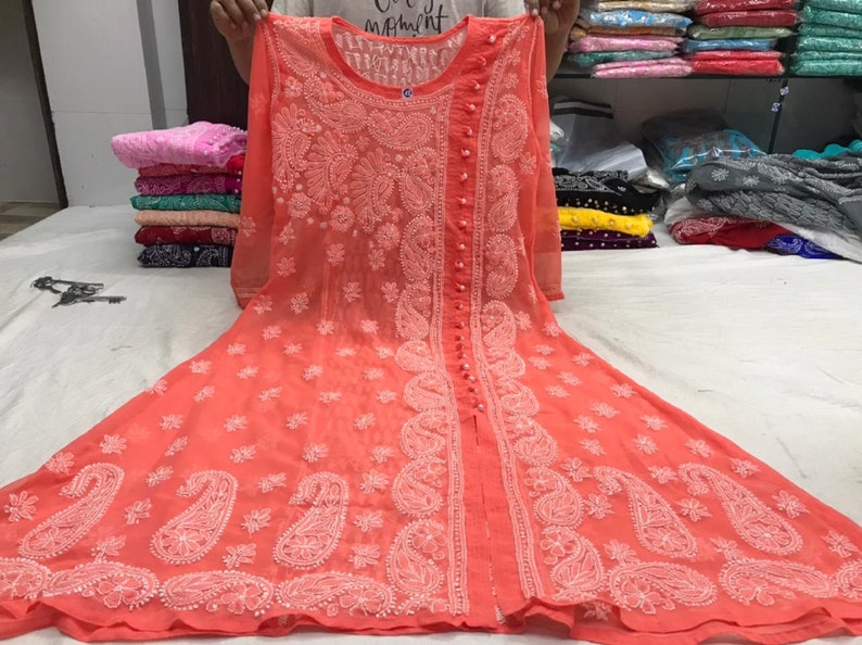 Free Inner Georgette ChIkAnKaRi A Line Pearl Angarkha Women Kurta Kurti Free Shipping Sz 38,40,42