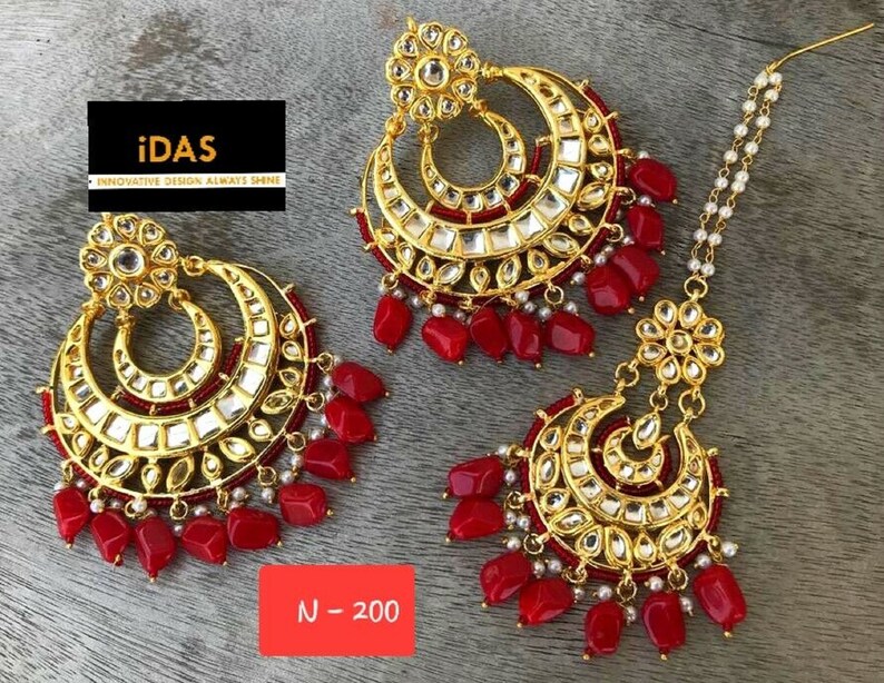 Bollywood Wedding Gold Plated Pearls Designer Kundan Earrings-Maang Tikka Jewelry Set For Women jewelry Vihan INDIAN KUNDAN EARRINGS