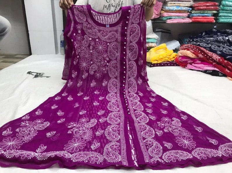 Free Inner Georgette ChIkAnKaRi A Line Pearl Angarkha Women Kurta Kurti Free Shipping Sz 38,40,42