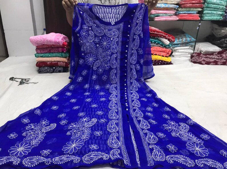 Free Inner Georgette ChIkAnKaRi A Line Pearl Angarkha Women Kurta Kurti Free Shipping Sz 38,40,42
