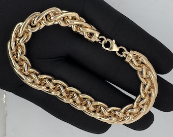 Pulsera de cadena de espigas de trigo pesada hecha a mano en oro de 14 quilates / Joyería llamativa para hombre