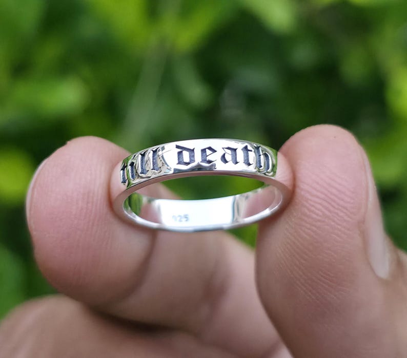 Till Death Gothic Sterling Silver Ring, Engraved Wedding Band image 2
