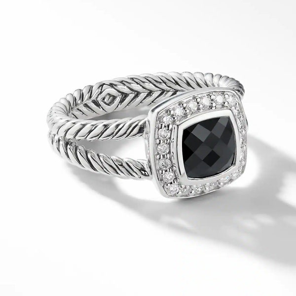 Solid Silver Handmade Natural Onyx,Red Garnet,Blue Topaz,White Stone Female Ring, Cushion 7 MM Ring, Silver Black Onyx Ring, Female Jewelry