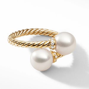 Lovely Solid Silver & 14K Solid Gold Natural Pearl Stones and Topaz  Female Bypass Ring Silver With Gold Vermile , Solid Gold Pearl Ring