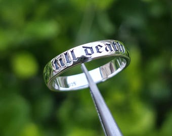 Anello gotico in argento sterling Till Death, fede nuziale incisa
