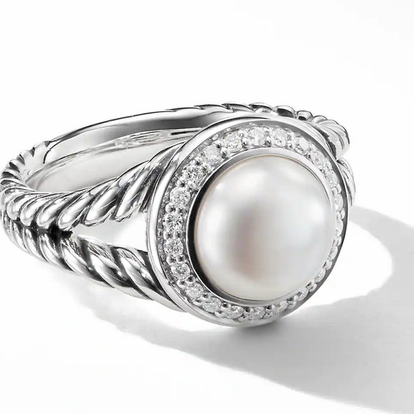 Beautiful  & Pretty Silver Handmade Natural Mother of Pearl and Diamond Female Ring,8.00 MM, Pearl and Diamond Ring, Natural Pearl Ring
