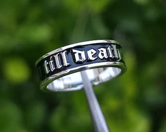 Till Death Gothic Sterling Silver Ring, Black Enamel Engraved Wedding Band