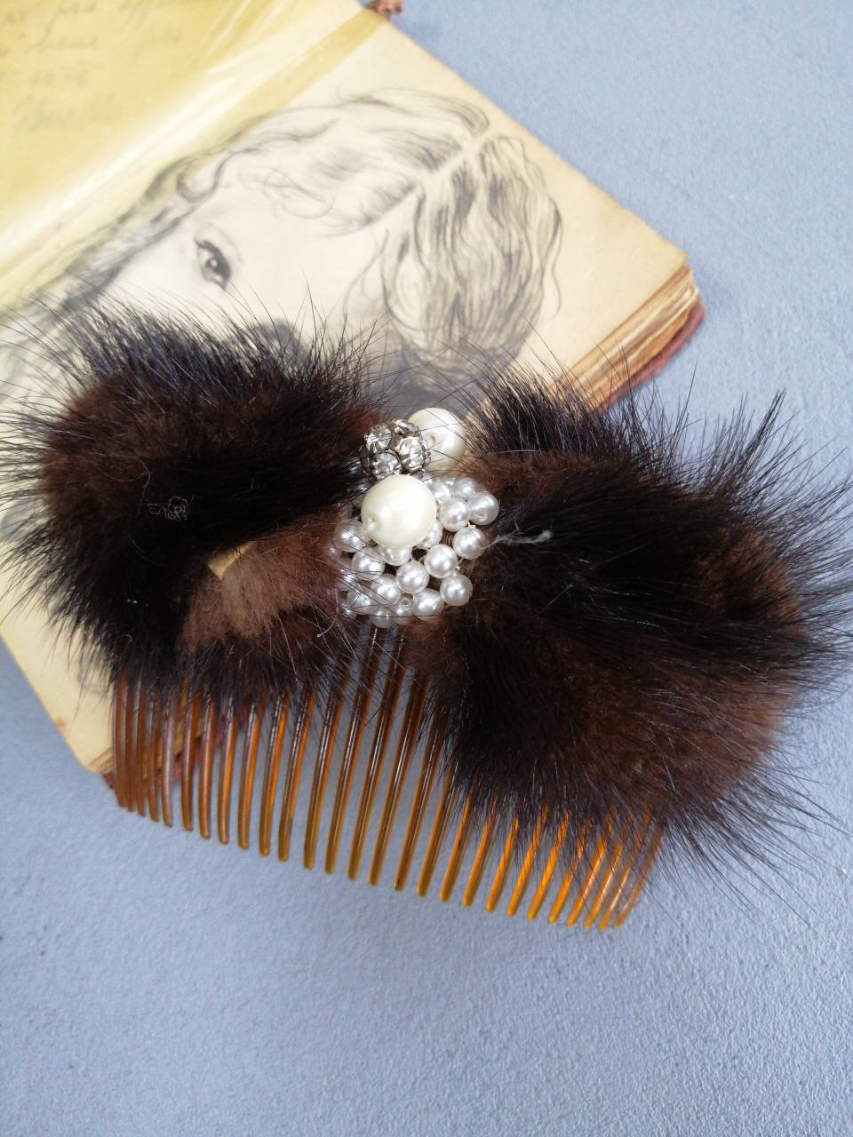 Vintage Mink Fur Jewel Hair Comb - Etsy display picture 1