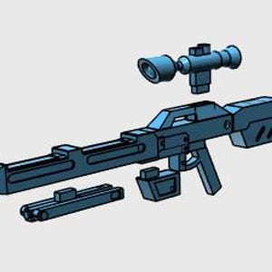 May include: A blue plastic toy gun with a scope, a barrel, and a handle. The gun is disassembled into four pieces.