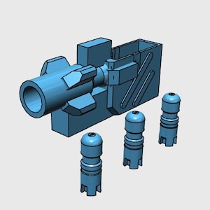 May include: A light blue 3D-rendered model of a mechanical device, possibly a gun or tool, with a cylindrical barrel and a rectangular housing. Three smaller, cylindrical components are positioned below the main structure.