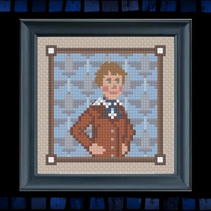 May include: Cross-stitch portrait of a person in a brown jacket and white collar, set against a blue pixelated background. The artwork is framed in a dark blue frame with a decorative border, creating a vintage aesthetic.
