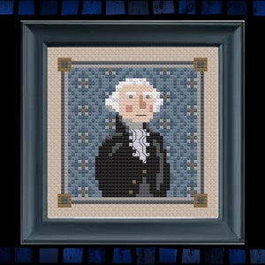 May include: A framed cross-stitch portrait of George Washington, the first president of the United States. The portrait is set against a blue background with white stars.