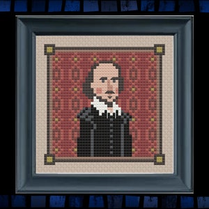 May include: Framed cross-stitch portrait of a man with a mustache and goatee, wearing a black outfit and a white collar. The background is a patterned red fabric. The frame is dark blue.