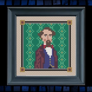 May include: A framed cross-stitch portrait of a man with a beard and mustache. He is wearing a purple jacket, a blue vest, and a white shirt with a bow tie. The background is a green and gold patterned fabric.