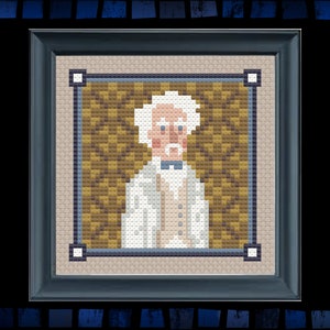 May include: A framed cross-stitch portrait of a man with a white beard and moustache, wearing a white shirt with a dark bow tie. The background is a brown and gold patterned fabric.