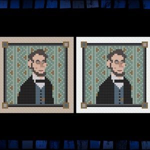 May include: Two pixel art portraits of a man with a beard and glasses wearing a dark suit and a light blue vest. The portraits are framed in beige and white.
