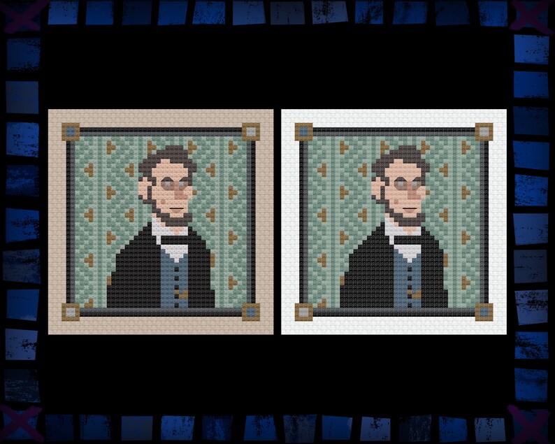 May include: Two pixel art portraits of a man with a beard and glasses wearing a dark suit and a light blue vest. The portraits are framed in beige and white.