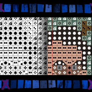 May include: Black and white pixel art design featuring geometric shapes, circles, and squares. The design is divided into two sections, with the left side featuring a black and white pattern and the right side featuring a brown, beige, and green pattern.