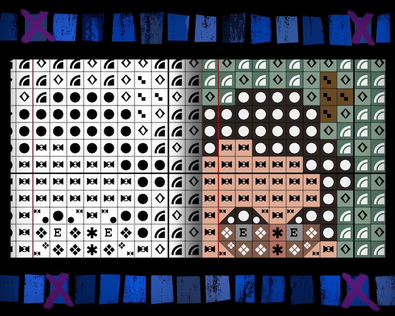 May include: Black and white pixel art design featuring geometric shapes, circles, and squares. The design is divided into two sections, with the left side featuring a black and white pattern and the right side featuring a brown, beige, and green pattern.
