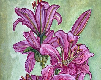 Original painting of pink oriental lily | living room décor | dining room art | kitchen wall hanging | Tulip spring flower | botanical art