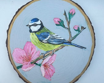 Blue tit  wood slice hanging art | wildlife oil painting | bedroom, living or kitchen interior decoration | bird artwork | table top item