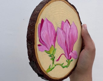 Magnolia flower  art on wood slice with mini easel | hanging interior decoration | decor with golden background for bedroom and living room