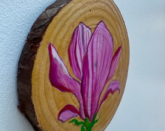 Magnolia spring flower art on wood slice with mini easel | hanging interior decoration | bedroom, kitchen and living room decor | spring art