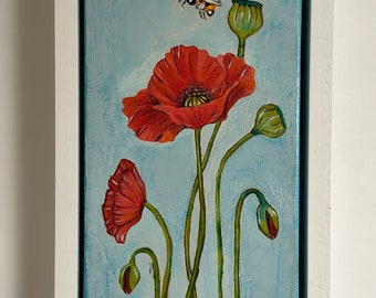 Poppy Wildflower and Bee Original Oil Painting on Deep Edge Wall Hanging Canvas on Framed White Wooden Art Decor For Living Or Dining Room