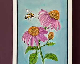 Cone Flowers And Bee Original Oil Painting on Deep Edge Canvas Wildflowers Realistic Wall Art with Complete White Wooden Hanging Frame