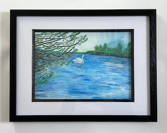 River Coln Bibury watercolour painting, Swan original art, realistic wildlife artwork birthday or wedding gift, bird lovers favourite art