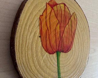 Tulip flower art on wood slice with mini easel | hanging interior decoration | decor with golden background for bedroom and living room