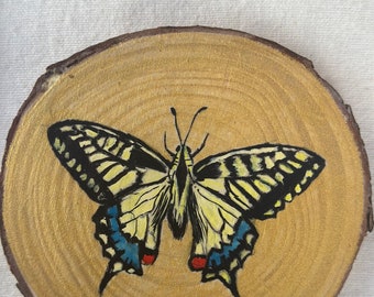 Swallowtail Butterfly art on wood slice with mini easel | hanging interior wall decoration | living, kitchen, bedroom wall art | spring