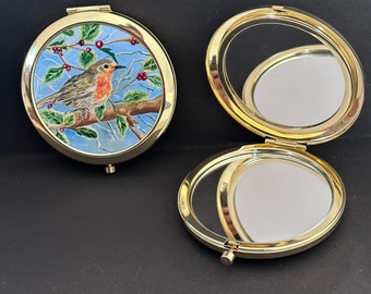 Robin bird and cherry blossom flowers compact pocket mirror, contemporary art, makeup accessory, birthday and wedding gift, wildlife bird