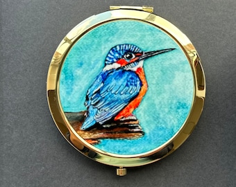 Baby kingfisher bird compact pocket mirror, contemporary art, makeup accessory, birthday and wedding gift, wildlife bird, vibrant