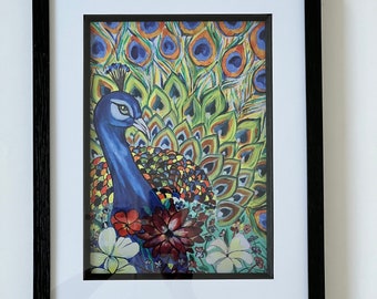 Giclee print of peacock painting with frame| Home decor | Modern painting | Living room decor | Interior art | contemporary art