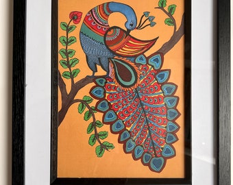 Giclee Art print | peacock print with yellow background  | Folk art | living, kitchen, dining room decor | ancient traditional Indian art