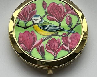 Blue Tit bird and magnolia flowers compact pocket mirror, contemporary art, makeup accessory, birthday and wedding gift, wildlife bird