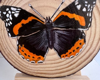 Butterfly art on wood slice with mini easel, hanging interior decoration