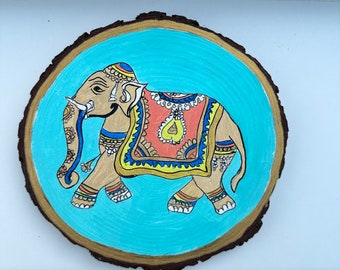 Elephant art on wood slice | wildlife oil painting | bedroom, living or kitchen interior decoration | bird artwork | table top item