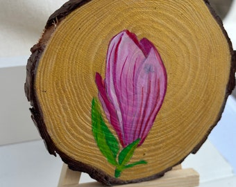 Magnolia spring flower art on wood slice with mini easel | hanging interior decoration | bedroom, kitchen and living room decor | spring art