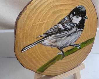 Black Tit bird  art on wood slice with mini easel, hanging interior decoration, bedroom, kitchen and living room decor.