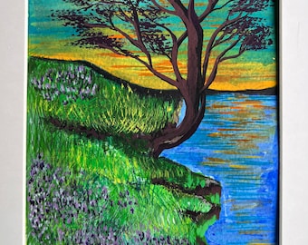 Sunrise over the lake original painting | kitchen and living room decor | landscape art | trees and grass | countryside walk scenery