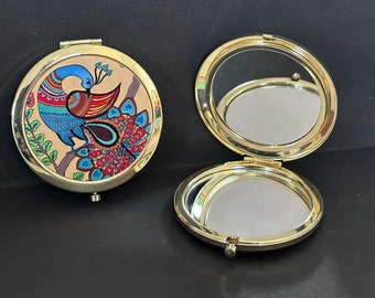 Makeup compact mirror, Indian folkart peacock art, purse accessory, birthday gift, kalamkari design, wildlife bird print