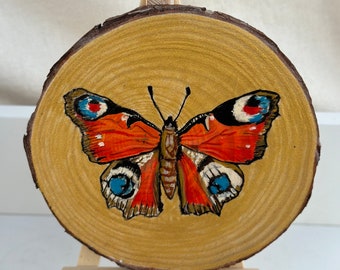 Peacock Butterfly art on wood slice with mini easel  hanging interior decoration | wildlife artwork with golden background | spring artwork