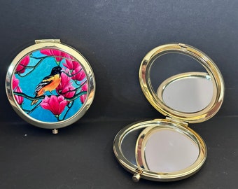 Oriole bird and Magnolia flowers compact pocket mirror, contemporary art, makeup accessory, birthday gift, wildlife bird, wedding