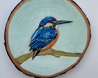 Kingfisher wood slice hanging art | wildlife oil painting | bedroom, living or kitchen interior decoration | bird artwork | table top item