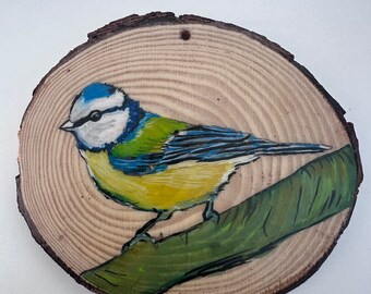 Blue Tit bird art on wood slice with mini easel | hanging interior decoration | decor with golden background for bedroom and living room