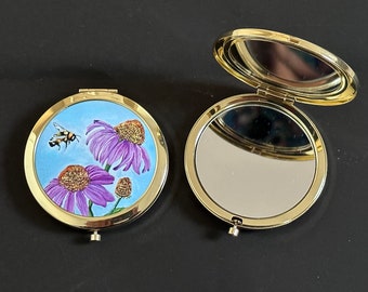 Cone flowers and Bee, compact pocket small folding mirror, wildflower, travel makeup accessory, birthday or wedding gift, magnifying mirror