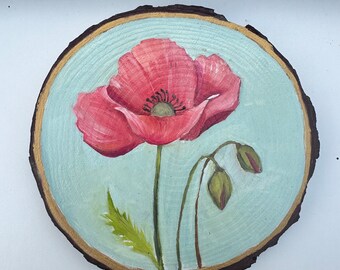 Poppy flower wood slice hanging art | wildlife oil painting | bedroom, living or kitchen interior decoration | bird artwork | table top item